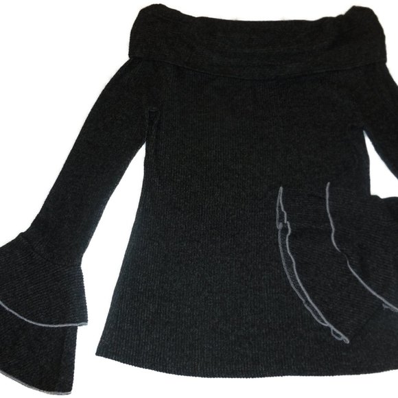 Pullover Sweater NEW SMALL Open Shoulders slim fit Knit Top Long Bell Sleeve - Picture 3 of 7
